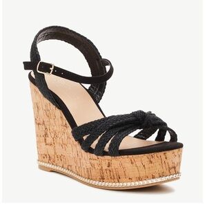 Black Wedge Sandals with High Cork Heel and Open Toe Design
